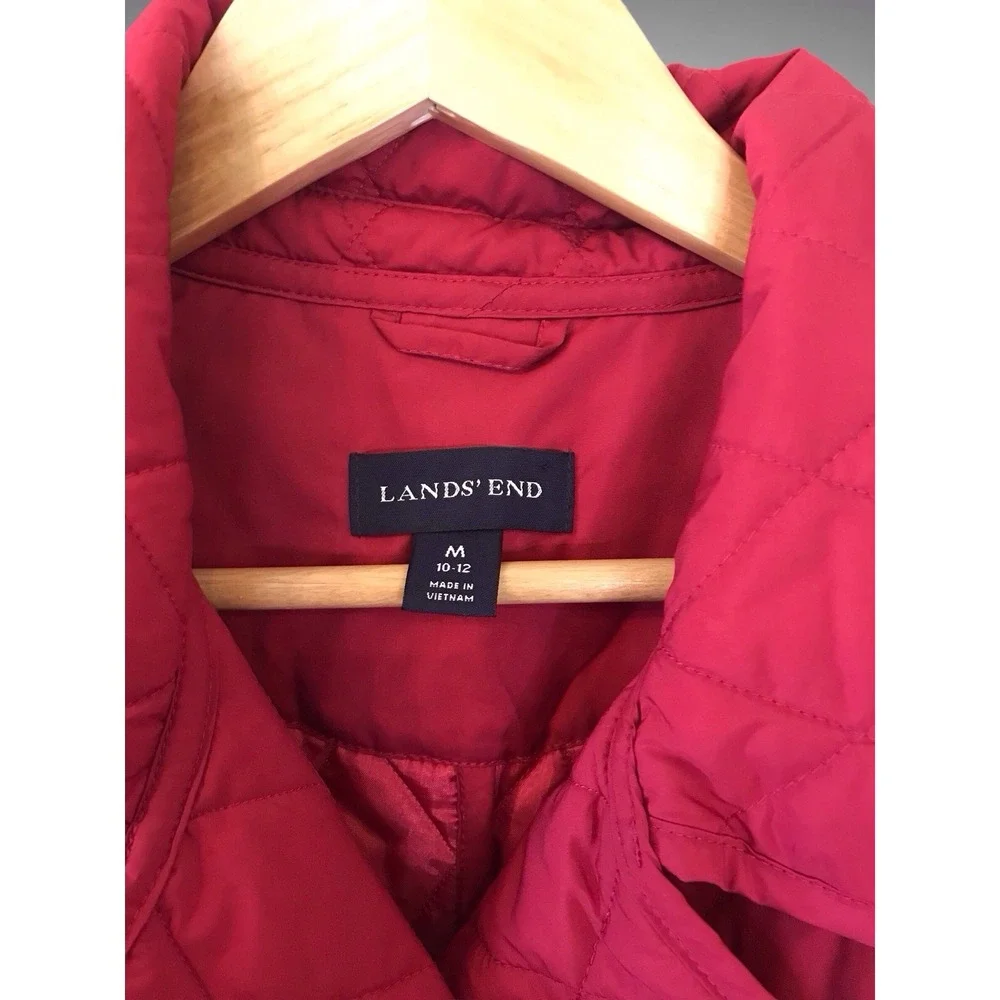 Lands End Women's Sz M 10-12 Red Quilted Puffer Full Zip Christmas  Jacket‎ Coat